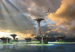 небо, вода, Море, острова, птицы