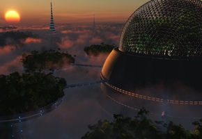 город, закат, Рендеринг, облака, сфера