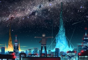 огни, ночь, город, небо, крыша, девочка, Аниме