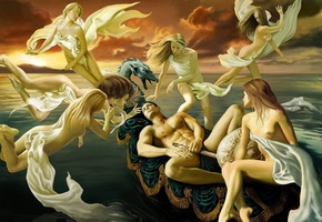 щит, покрывала, воин, Лодка, закат, кровь, рана, море, девушки, дракон, меч