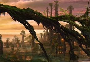 деревья, огни, болото, Существо, вода, хижины