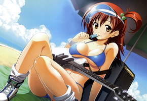 Девушка, мороженое, пляж, купальник, электрогитара