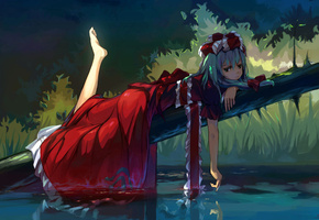touhou, бревно, вода, Аниме, лежит