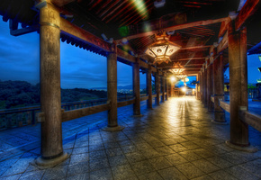 лес, Киото, япония, вечер, фонари