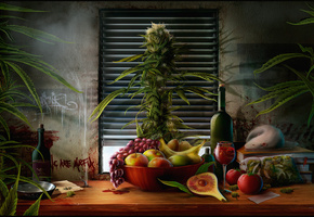 виноград, тарелка, яблоки, натюрморт, банан, Стол