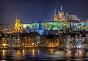 ночное освещение, вода, Замок, отражение, дома