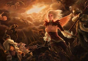 крылья, монстры, Битва, девушка, ангел, драконы, меч