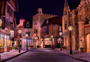 Город, фонари, дома, свет, вечер, улица