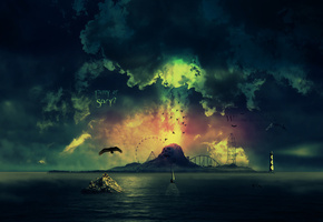 маяк, корабль, облака, небо, Вода, птицы, череп