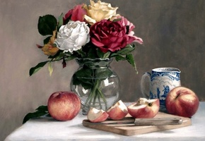 ваза с цветами, Картина, яблоки, натюрморт