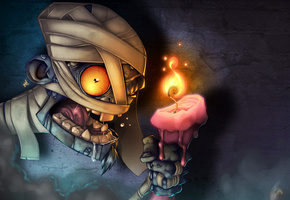 Зомби, свеча, огонь, мумия, воск, бинты