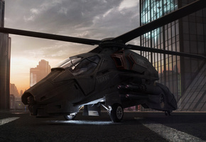 закат, здания, офис, вертолет, Wasp, крыша