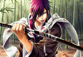 парень, бамбук, воин, Saitou hajime, катана, оружие, самурай, blood