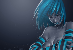 девушка, руки, соски, грудь, Мокрая, аниме, капли