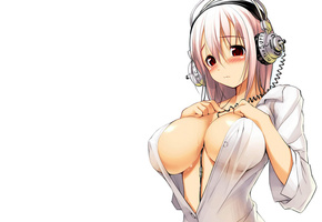 наушники, Девушка, дойки, сиськи, взгляд