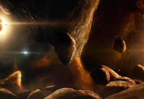 планета, галактика, ракета, звезды, Астероиды, солнце, туманность