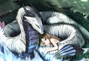дракон, красивый, любовь, девочка, белый, защита, Dragon love