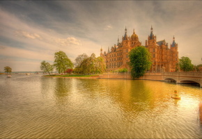 лодки, закат, Рисунок, деревья, река, замок, мост