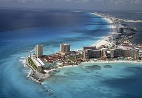 mexico, мексика, дома, пляж, океан, небо, вода, Cancun