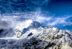 Горы, облака, небо, снег, скалы, белый, вершина, синее
