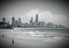 Город, океан, здания, облака, пляж, небо, высотки, вода