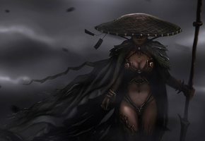 рисунок, шляпа, плащ, fantasy, копье, Девушка