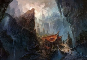 Горы, китай, лестница, водопад, мост, здания, скалы