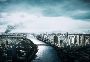 улицы, Battlefield, река, мост, город, здания, 3