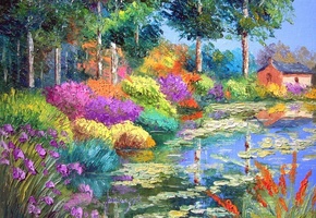 яркие, радуга, дом, деревья, Цветы, домик, разноцветные