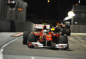 фернандо алонсо, трек, ночь, болид, Гонка, ferrari f10
