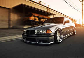 m3, здание, улица, вечер, Bmw, скорость, солнце, закат, бмв