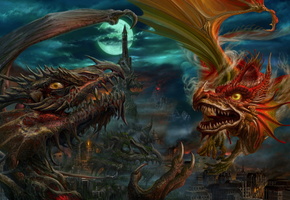 ucchiey, Арт, башня, город, драконы, луна, ночь, kazamasa uchio