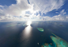 солнце, острова, горизонт, облака, океан, Мальдивы