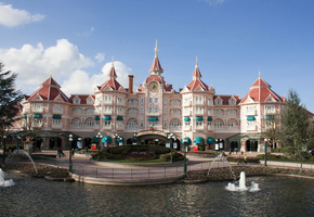 Disneyland, отель, фонтан, париж, диснейленд, небо, замок