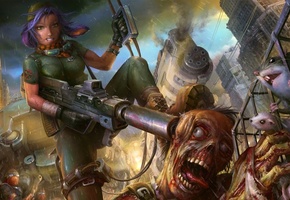 крысы, клетка, монстр, зомби, оружие, Девушка, пулемет