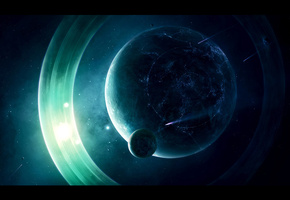 кольца, спутники, метеориты, звезды, Планета, огни