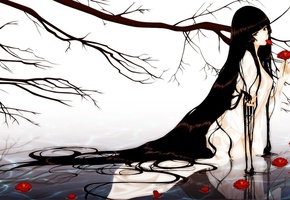 ветка, дерево, волосы, Kara no shoujo, цветы, вода, девушка