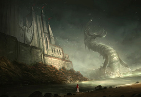 девушка, монстр, крепость, пасть, Озеро, замок, рыжая