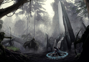 всадник, Арт, колонна, маг, обелиск, лес, okita, лучники