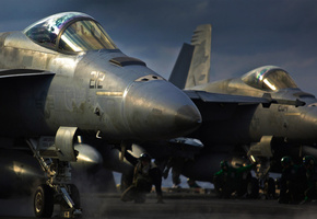 F-18, пара, взлёт, hornets, палуба