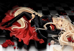 Chii, розы, лежит, zettai ryouiki, chobits, девушка, чулки, платье