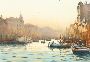 каналы, Акварель, лодки, венеция, рассвет