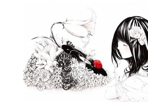 музыка, рисунок, цветы, Аниме, девушка, настроение