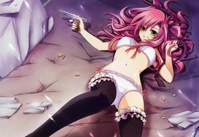 Девушка, осколки, оружие, чулки, пистолет, гильзы