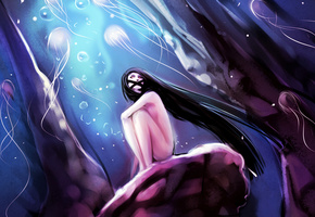 медуза, голая, jellyfish, волосы, брюнетка, вода, Девушка