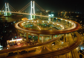 дороги, ночь, огни, шанхай, мост, город, Китай