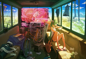 одежда, девушка, Hatsune miku, гитара, велосипед, vocaloid