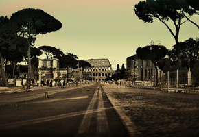 город, колизей, дорога, италия, деревья, люди, улица, Рим