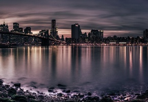 берег, огни, город, Панорама, река, ночь, мосты, мост