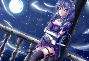 ночь, колонна, Touhou, перчатки, лиана, луна, девушка, нож